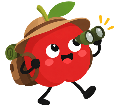 Mascote maçã exploradora com binóculo